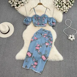 Women's T Shirts Women 2 Piece Set Denim Fashion Female Flower Print Chic Sexy Sling Crop Top High Waist Irregular Split Skirt Summer Lady