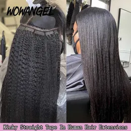 Peruk kapakları wowangel kinky düz bant ins insan saç uzantıları siyah kadınlar için 100 remy saç yapışkan görünmez brezilya doğal siyah l2404