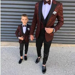 2021NEW Burgundy Pattern Boy Mens Suits Slim Fit Groots Grooms Tuxedos ذروة صفراء السترة الرسمية بدلة حفلة موسيقية سروال X09266N