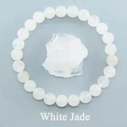 Länk armband äkta naturlig vit jade pärla armband kvinnor män runda jades sten elastisk armband rena själen yoga meditation smycken