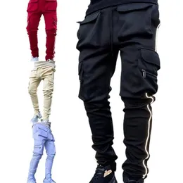 Men's Pants Cargo Jogging With Reflective Strips Male Skinny Pencil Multiple Pockets Stacked Sweatpants Men272e