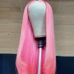 180％ブラジルピンクレースフロントウィッグヒューマンヘアストレートウィッグ女性用HD透明13x4レース前面ウィッグ合成前