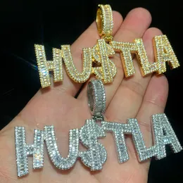 New Designer Hustla Letter Us Dollar Sign Pendant Charm Necklace Iced Out for Men Bling Cubic Zirconia Cz Charm Gold Plated Hip Hop Fashion Jewelry