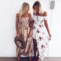 Boho tarzı uzun elbise kadınlar omuz plajı yazlık elbiseler çiçek baskısı vintage vintage beyaz maxi vestidos de festa277s