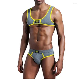 Undershirts Sexy Chest Muscle Harness Tops Briefs Sets Men Athletic Supporter Gym Suits Quick Dry Sportswear Underwear Plus Size