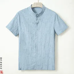 Men's T Shirts Chinese Style Cotton Linen Retro Jacquard T-shirt Stand-up Collar Short-sleeved Plate Button Top Shirt