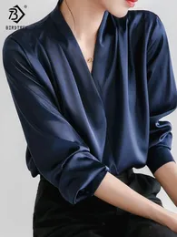 Kvinnors blusar Skjortor Spring Ankomst Kvinnor Elegant Satin Blus Lantern Sleeve V Neck Office Navy Shirt Vintage Autumn Casual Tops T24401X 231009
