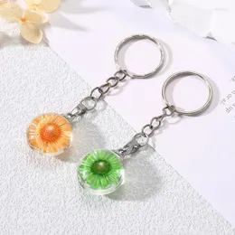 Keychains Fashion Ball Natrual Real Torked Flower Petal Glass Pendant Key Chain Daffodils Daisy Inside Dingle Keyring Bag Car Holder