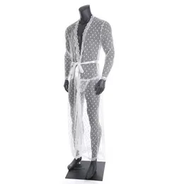 Herren-Nachtwäsche, sexy lange Robe, transparente Spitze, Strickjacke, Bademantel, einteiliger Lungewear-Nachtwäsche mit T-Rücken-Gürtel, Herren261x