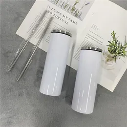 Unbreakable Tall skinny slim straight 20oz blank sublimation white straw skinny tumbler with Splash Proof Lid and Metal straw Keeps drinks hot and cold ready to ship