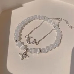 Link Armbänder 2 stücke Mode Kristall Opal Perlen Armband Für Frauen Mädchen Silber Farbe Stern Mond Kette Anhänger Charme Schmuck geschenk