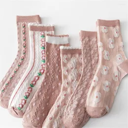 Женские носки, 6 шт./лот, милые розовые носки средней длины, с тиснением, весенние женские всесезонные модные длинные носки