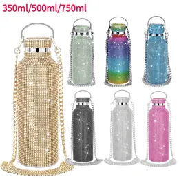 Thermoses 350ml500ml750ml Bling Diamond Thermos Bottles Portable Glitter Rhinestone Water Bottle Crossbody Stainless Steel Thermal Flask 231009