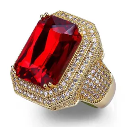 Iced Out кольцо в стиле хип-хоп золотого цвета с кубическим цирконием, кольцо с большим красным камнем, индивидуальное модное мужское и женское ювелирное изделие, подарок для влюбленных243S