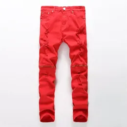 Hela nyheter Män rippade jeans Röd svart vit blixtlås Hip Hop Jeans Mens Punk Rock Distressed Biker Jeans Elastic Denim Pants P253s