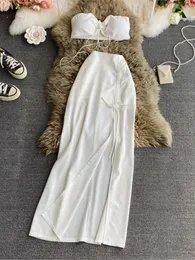 Arbetsklänningar sommar sexig kort topp mode a-line hög midja midi kjol vintage kvinnor två stycken set modern slip strand stil dam's kostymer