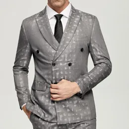 Erkek Suit Gri Jakard 2023 Gündelik Çift Kelime Kelime 6 Düğün Düğün Damat Giyim (Ceket Pantolonu) Resmi Balo Yemeği