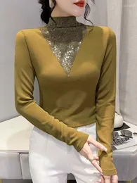 Koszule damskie Winslenter elegancka podstawowa koszulka koszulki z długim rękawem Kobiety seksowne golf błyszczące diamenty Patchwork szczupły topy jesienne zima