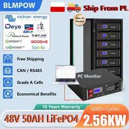 LiFePO4 48V 50Ah 100AH 200AH Battery 2.56KW 5KW 10KW 10 Year Warranty CAN/RS485 32 Parellel 6000+ Cycle PC Monitor Poland Stock
