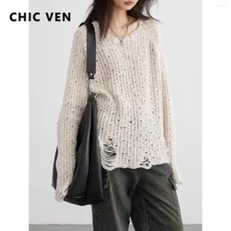 Women's T Shirts CHIC VEN Women T-Shirts Streetwear Solid Loose Knit Hollowed Long Sleeved Base Tees Female Tops Pullovers Autumn Spring