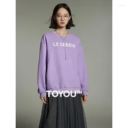 Kvinnors hoodies Toyouth Women Fleece Sweatshirt 2023 Winter Long Sleeve Round Neck Loose Letter Print Casual Purple Orange Pullover