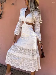 Casual Dresses Sexy V-Neck Hollow Out Long Sleeve Maxi Dress Elegant White Lace Patchwork Slim Women Pleated A-Line Party