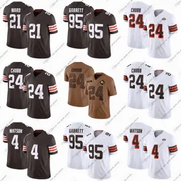 4 Deshaun Watson Camisas de futebol 21 Denzel Ward 24 Nick Chubb 95 Myles Garrett quatro camisas esportivas Azul Vermelho Branco