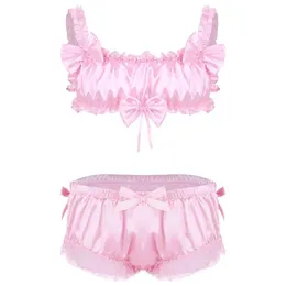 Bras Sets Men Sissy Crossdressing Erotic Lingerie Set Satin Frilly Wire- Bra Tops With Floral Lace Hem Bowknot Briefs Underwea211I