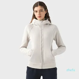 2023- Full Zip Hoodie Hip Length Yoga Topps Gym Coat Cotton Blend Fleece Sports Hoodies Classic Fit Sweatshirts Women Jacket Hooded Top
