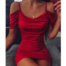 Donne sexy con spalle scoperte increspato vestito aderente donna manica corta rosso mini abito femminile estate discoteca partito abiti 210324248C