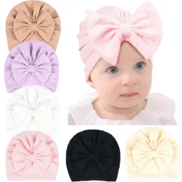Nishine Autumn Winter Warm Bow Knot Hatt Nyfödda Beanie Kids Toddler Infant Turban Caps Stripe Hair Accessories Photo Props Gifts