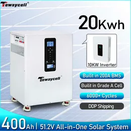 Tewaycell 20kWhすべてのLifePO4バッテリー10kWH 15kWh 48V 51.2Vホームソーラーシステムビルトイン10KWインバーターモバイルESS TAX FREE