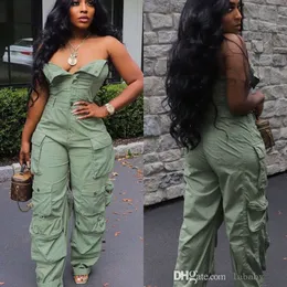 Sexy Party Streetwear Jumpsuit Bodysuit Rompers Spring Strapless Button Front Ruched Multi Pocket Cargo Pants Work Suit Jumpsuits For Women Plus Size S-3XL