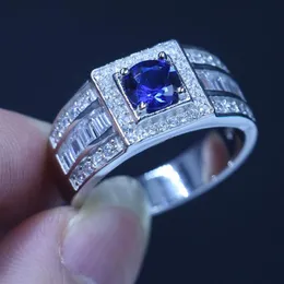 Toda la joyería de lujo pura Real Soild Plata de Ley 925 zafiro azul 5A CZ piedras preciosas de corte redondo anillo de boda para hombres regalo Si2784