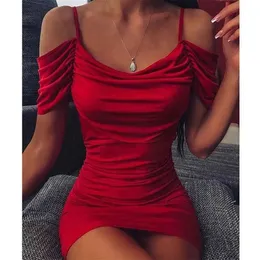 Donne sexy con spalle scoperte increspato vestito aderente donna manica corta rosso mini abito femminile estate discoteca partito abiti 210324250O