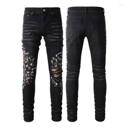 Men's Jeans Black Y2k Men Streetwear Fashion Brand Slim Fit Denim Pants Distressed Graffiti Print Damaged Tie Dye Bandana Ripped