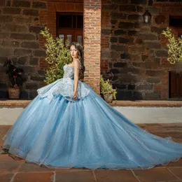 Céu azul querida quinceanera vestido fora do ombro princesa baile de formatura vestido doce 16 xv anos de idade contas renda aniversário concurso vestido mexicano