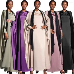 Ethnic Clothing Satin 2 Piece Abaya Set Long Sleeves Kimono Inner Dress Dubai Saudi Robe Party Evening Muslim Women Outfits Eid Ramadan