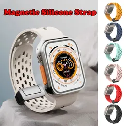 Pulseira magnética de borracha de 18 cores para Apple Watch Ultra band 49mm 44mm 45mm 41mm 40mm 42mm 38mm Pulseira de silicone Correa iWatch Series 9 8 se 7 6 5 4