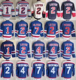 Retro Hockey Vintage 7 Rod Gilbert Jersey CCM 2 Brian Leetch 1 Eddie Giacomin 3 James Patrick 4 Ron Greschner Classic 91-92 Retire Team Blue White Color Titched
