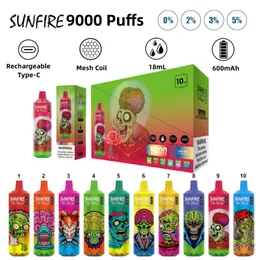 Partihandel Factory Sunfire 9000Puffs Disponibla VAPE -styrka 0% 2% 3% 5% PULD 9000 9K Elektronisk cigarett 18 ml vagnar Förfylld Vaper Tillverkare Drop Shipping Vape