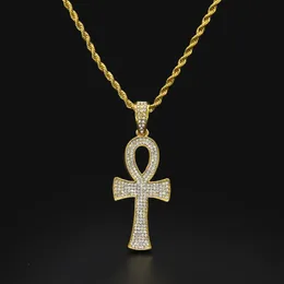 Ankh egípcio chave da vida banhado a ouro cruz pingente colar corrente charme completo strass luxo cruz pingente jóias drop shippin238s