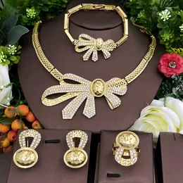 Necklace Earrings Set Dubai Gold Plated Jewelry 18K Elegant Bowknot Necklaces For Women Bridel Wedding Party Accessories Free Gifts