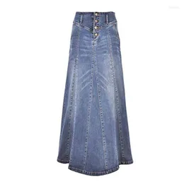Saias denim saia feminina vestido de chão primavera outono moda feminina longa linha de costura único breasted solto casual jeans