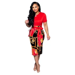 Women Elegant Office Midi Dresses Ladies Bodycon Print Chain Short Sleeve Belt O-Neck Female Fashion Sexy Work Summer Pencil Dress245I