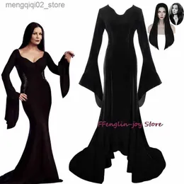 Temadräkt onsdag Addams Family Morticia Cosplay Come Wig Black Sexy Up Slim Party Evening Dress for Women Halloween Carnival Dress Q240307