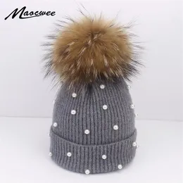 Gorros de lã feminino real natural pele de raposa pom poms moda pérola chapéu de malha meninas gorro feminino pompom chapéus de inverno para mulher y2251v