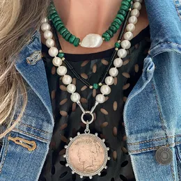 Chokers Creative Female Classic Green Natural Gem Stone Malachite Stone Beaded Pearls Baroque Freshwater Pendant Necklaces 231010