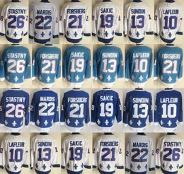 Retro Hockey Vintage 21 Peter Forsberg Trikot CCM Classic 26 Peter Stastny 10 Guy Lafleur 22 Marois 13 Mats Sundin 19 Joe Sakic Ruhestand Marineblau Weiß genäht Herren