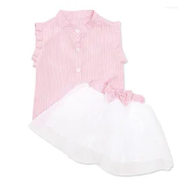 Zestawy odzieżowe 2-kurwa Summer Baby Girls Boutique Boutique Korean Stripe Botel T-shirt Bow Siatka Ubrania dla dzieci Zestaw BC2161